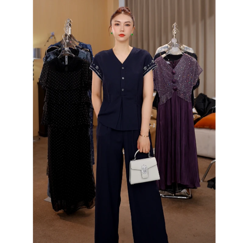 G6759女士时尚套装2025夏季新款减龄显瘦短袖衬衫阔腿裤两件套