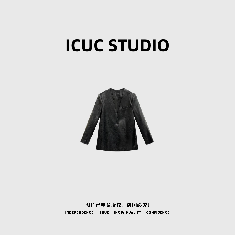 ICUC STUDIO-【墨尔本高订欧货V领皮衣】极简百搭皮衣外套2661