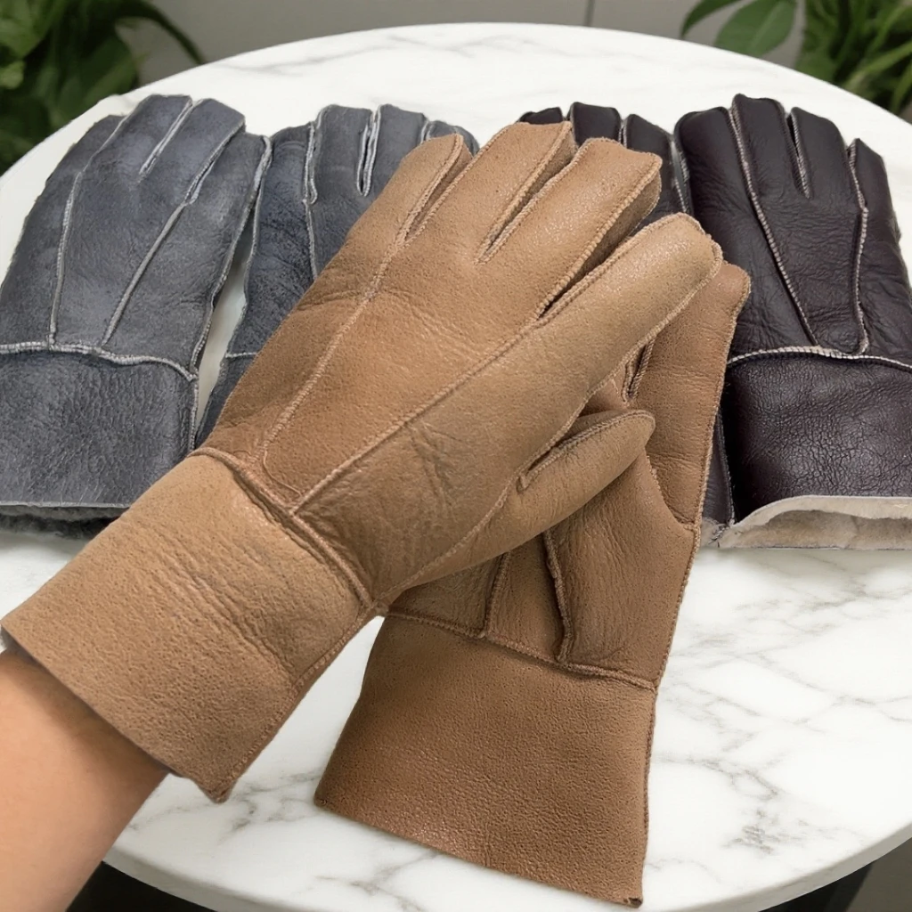 100%羊皮毛一体真羊皮手套冬季加厚保暖户外骑行分指款耐磨