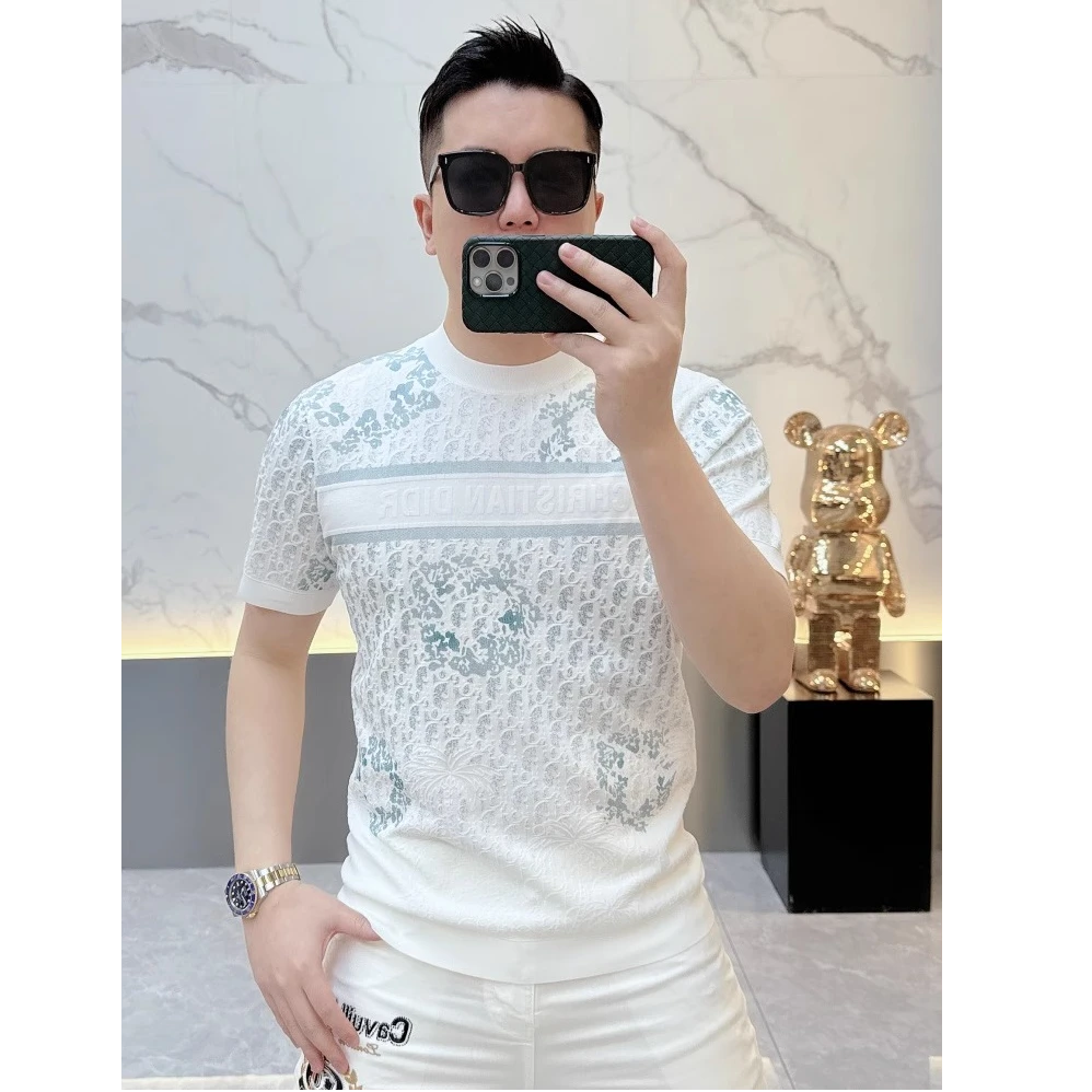 维麦帕通夏季新款欧货潮流帅气冰丝提花针织半袖百搭短袖T恤男