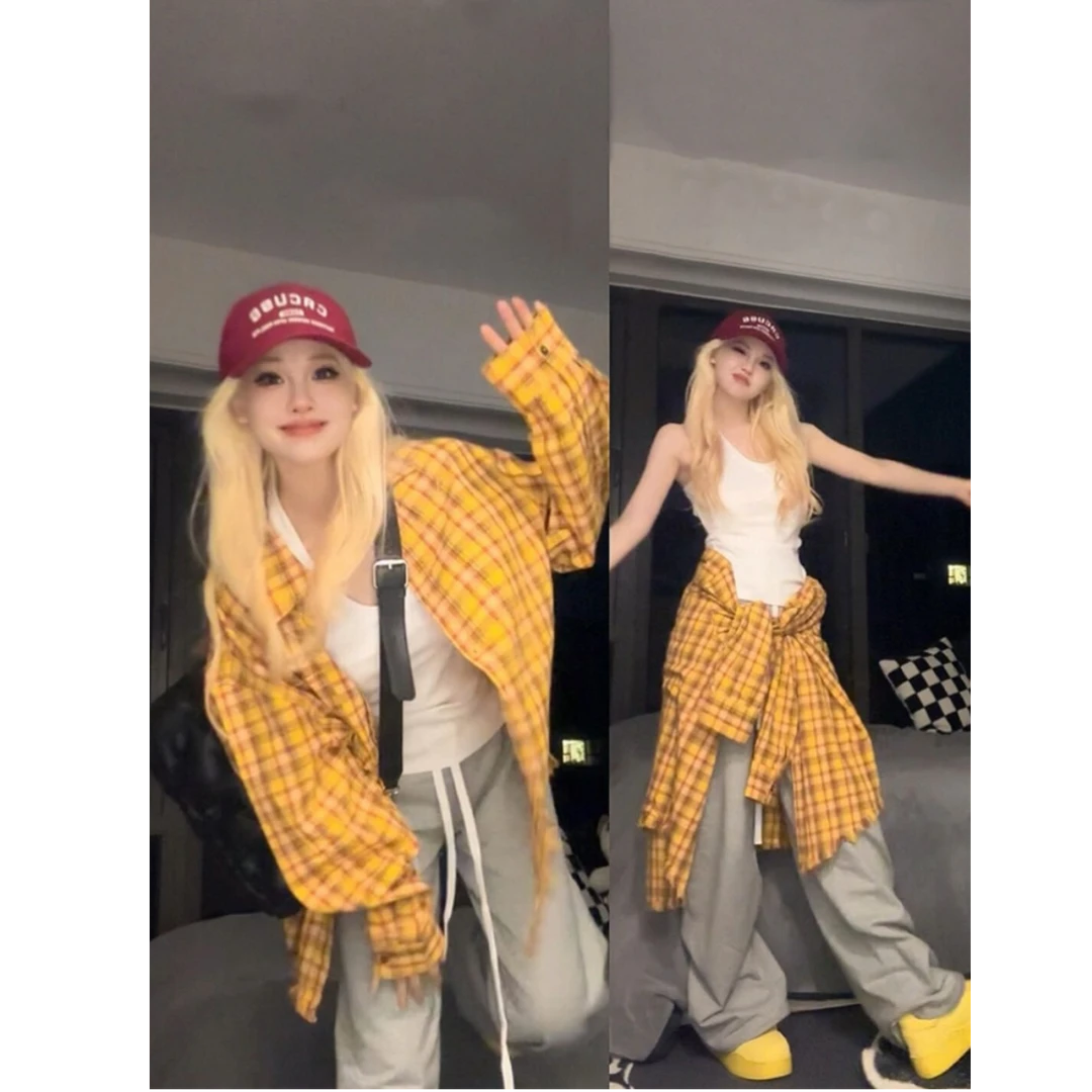 美式复古黄色格子衬衫外套女秋季薄款慵懒风bf风叠穿衬衣开衫小众