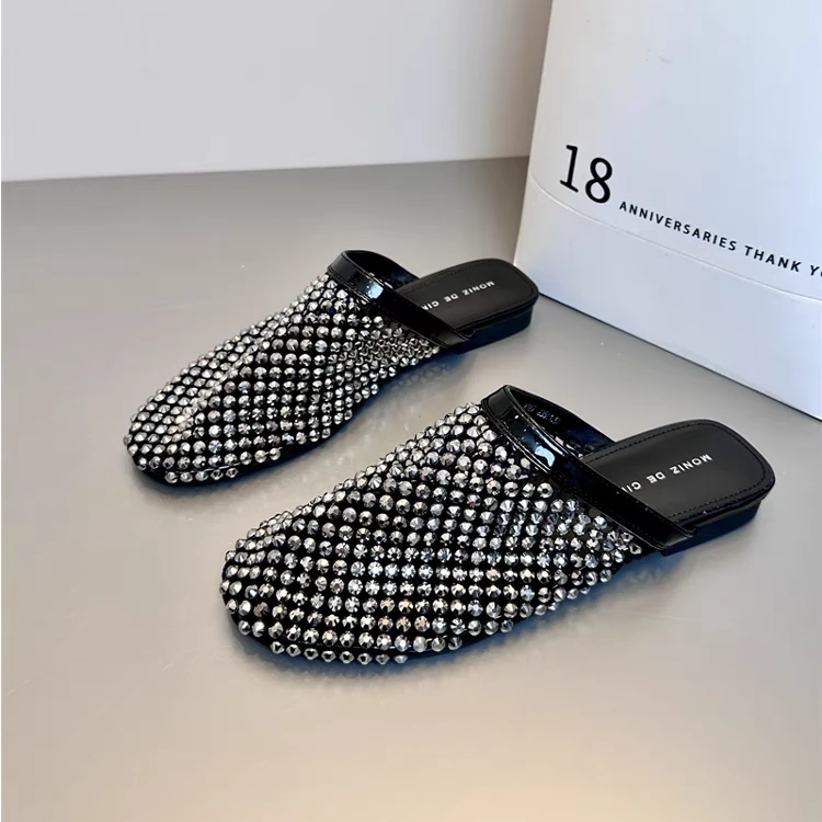 爆款水钻网面包头半拖鞋女春夏新款百搭休闲鞋平底凉拖鞋女鞋女士