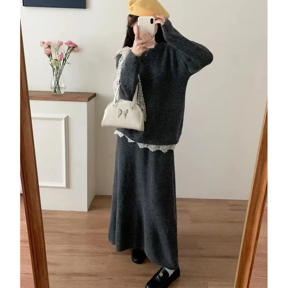 氛围感蕾丝花边系带露肩毛衣半身裙套装春秋小香风显瘦针织两件套