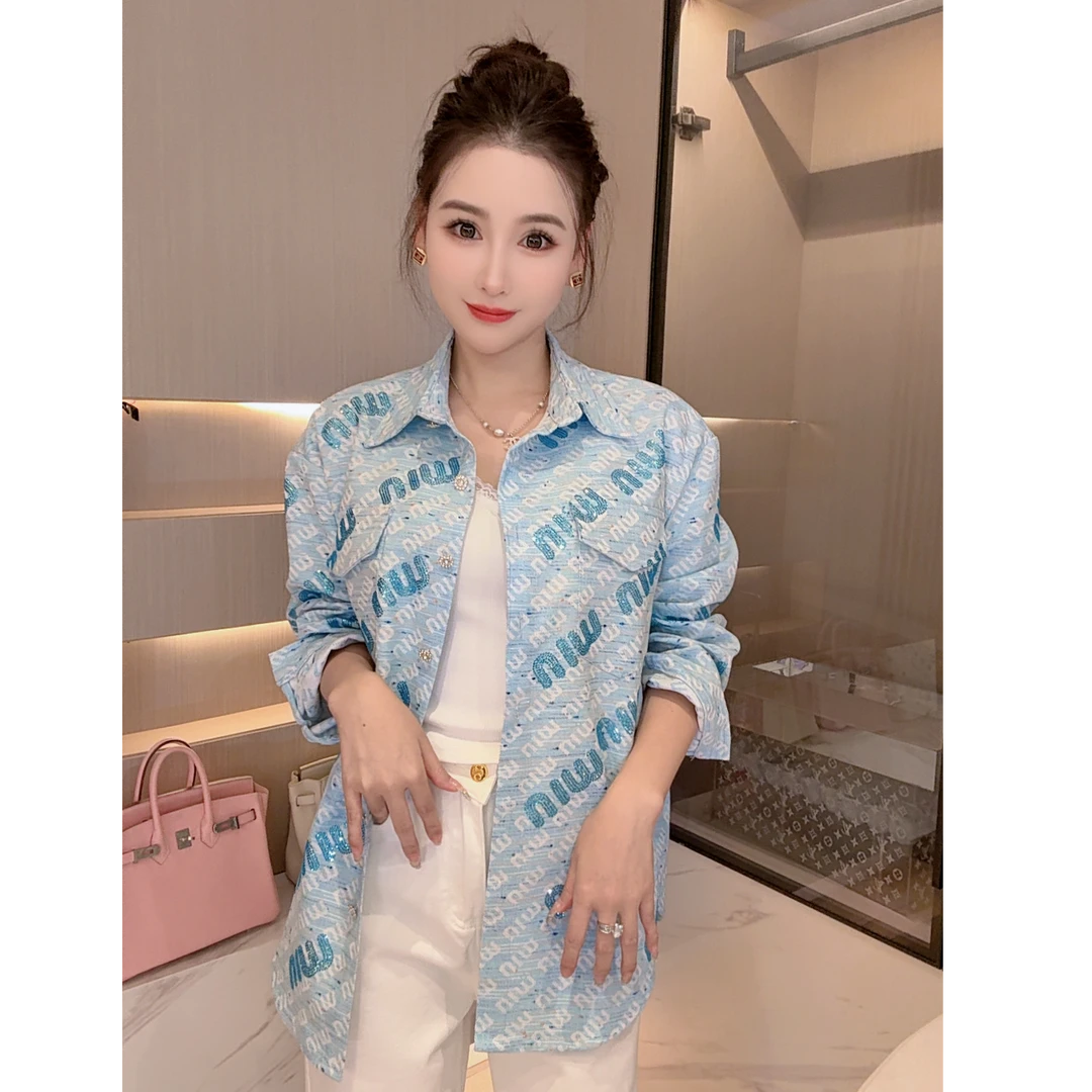 2025夏季休闲蓝色牛仔烫钻衬衫