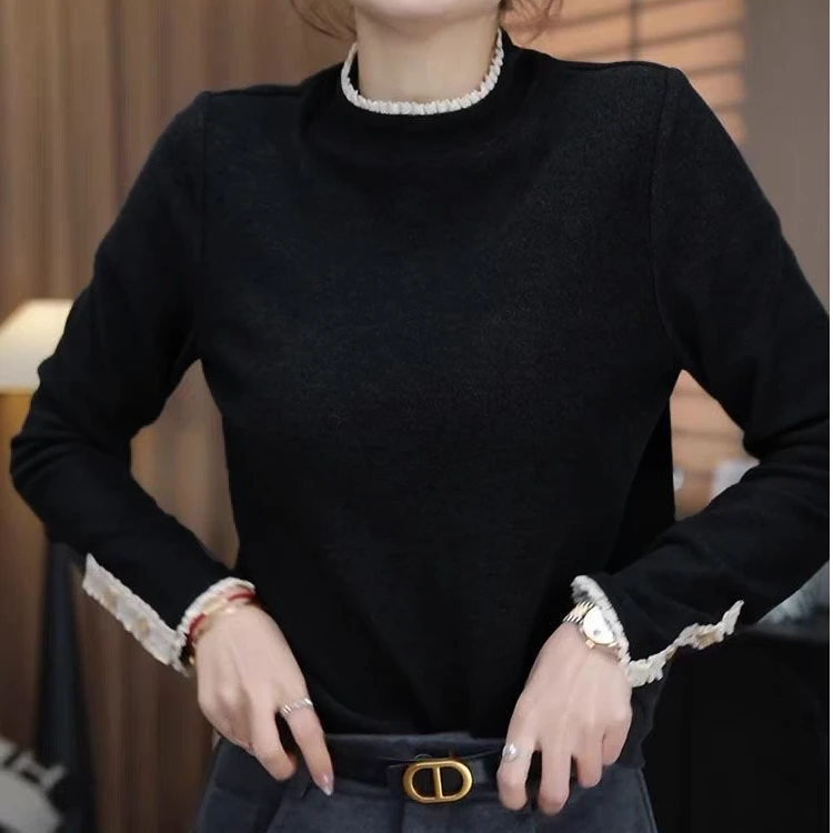 280克德绒花边领打底秋冬新款宽松显瘦女洋气百搭打底衫