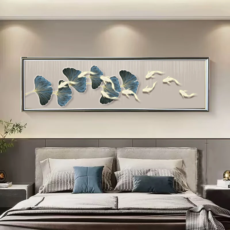 C001九鱼聚福床头画简约轻奢卧室挂画升级款玻璃鎏金挂画