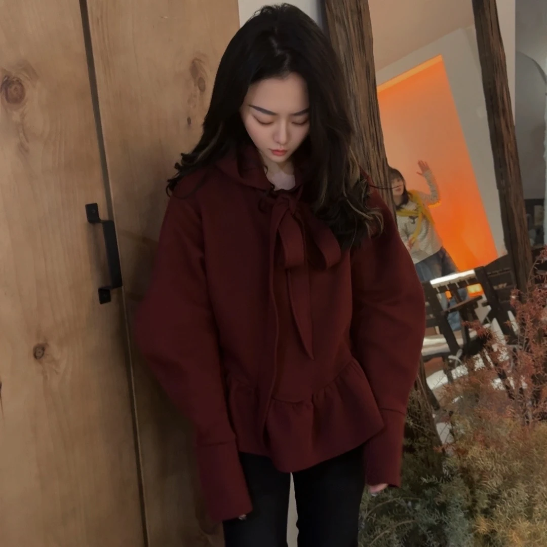 museguhui/木色古汇31293#果冻棉连帽设计弯刀袖卫衣长袖红色宽松