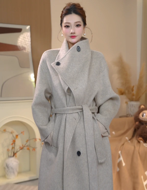 卡寇岚2025年秋冬新款翻领法式保暖毛呢外套气质双面呢驼绒绒大衣