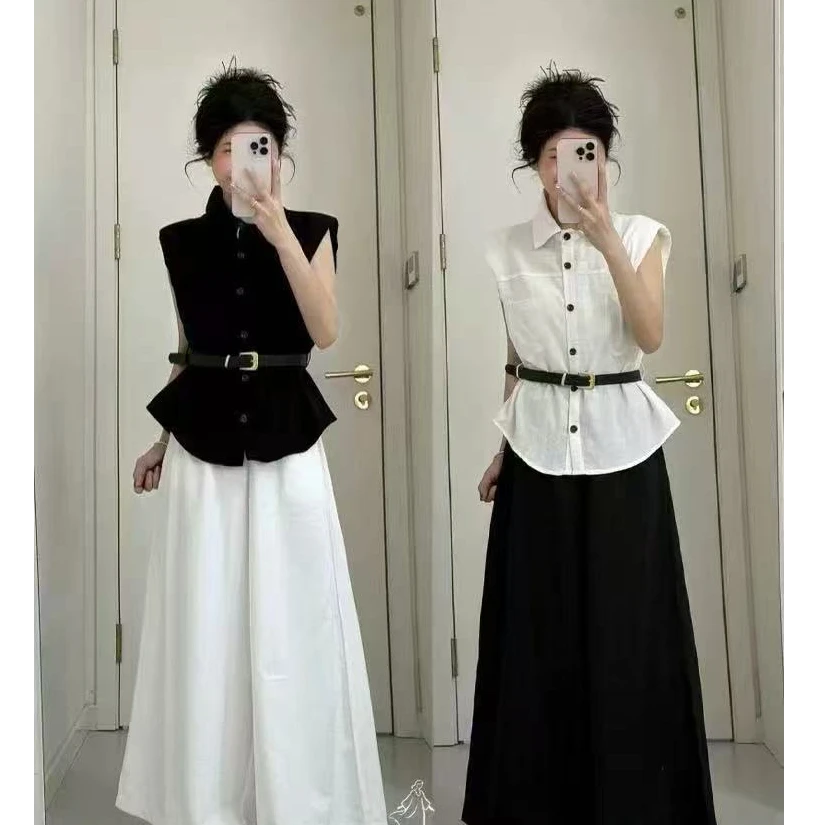 韩系复古小众高级感白色无袖衬衫上衣女夏季宽松阔腿休闲裤显瘦