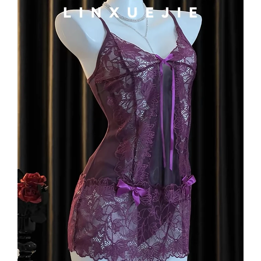 御姐风紫色韵味蕾丝绑带睡裙女情调约会吊带睡裙显瘦气质短款夏季