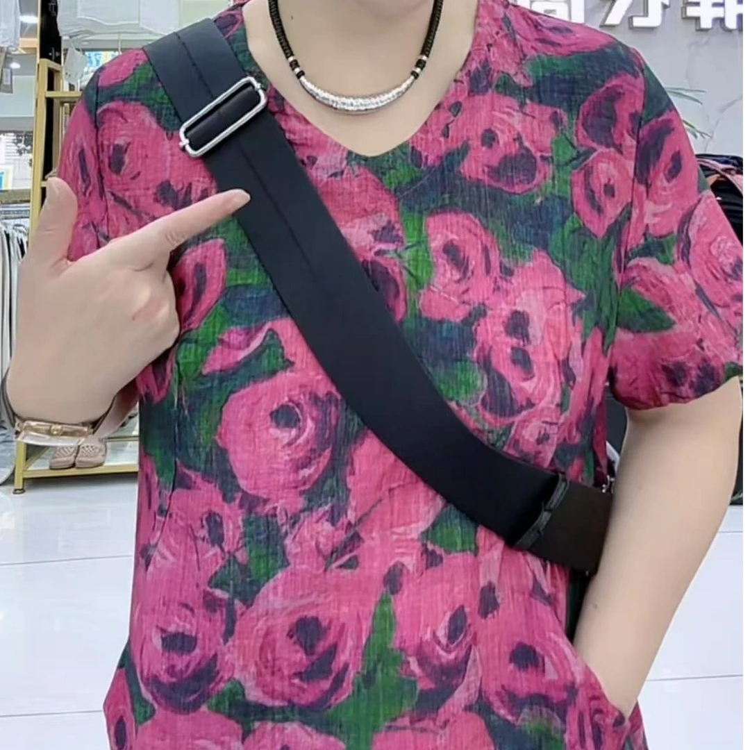 修身女装女士半袖连衣裙夏季优雅印花套头宽松腰麻棉