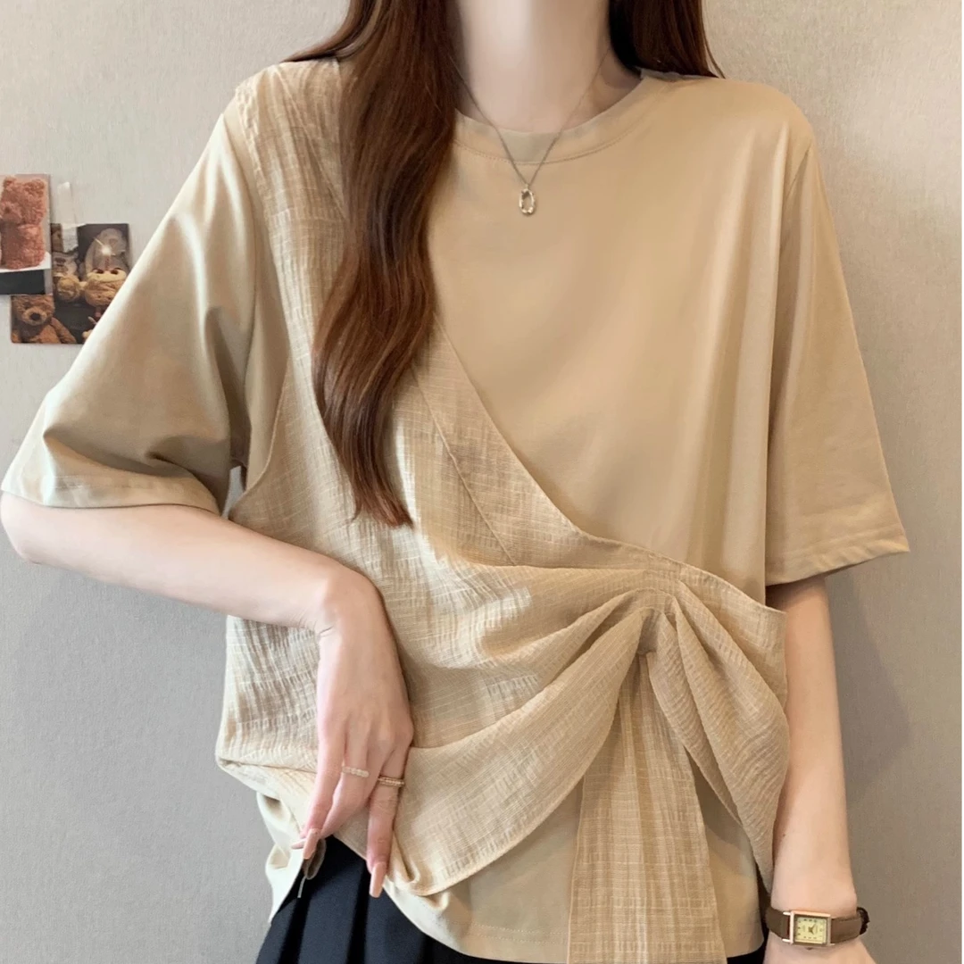 大码不规则拼接假两件短袖T恤女夏季胖mm显瘦宽松遮肚子圆领上衣