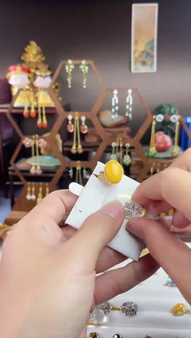 银S925镀金镶嵌蜜蜡戒指，815A-10蜜蜡戒指