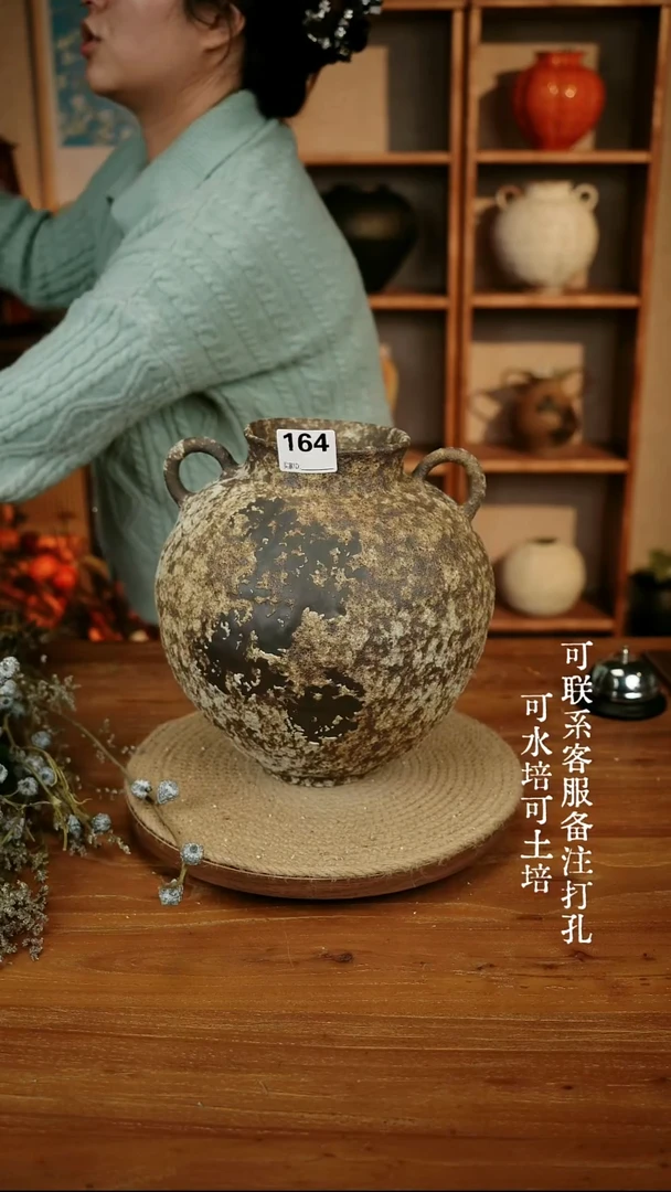 摆件164侘寂风棕色双耳大肚瓶