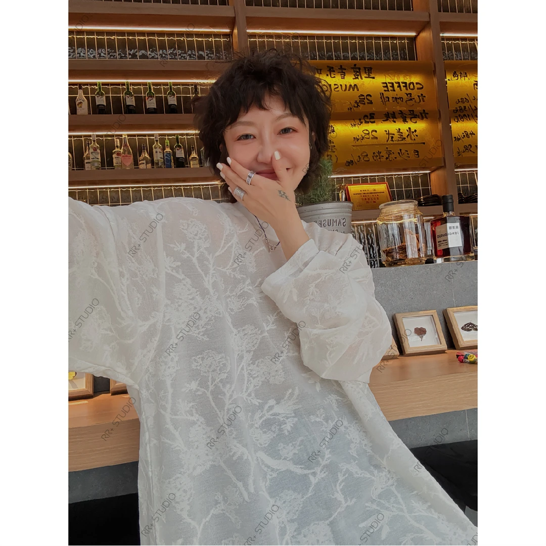 『豆公子』23632韩系重工提花长袖圆领T恤女宽松廓形休闲上衣