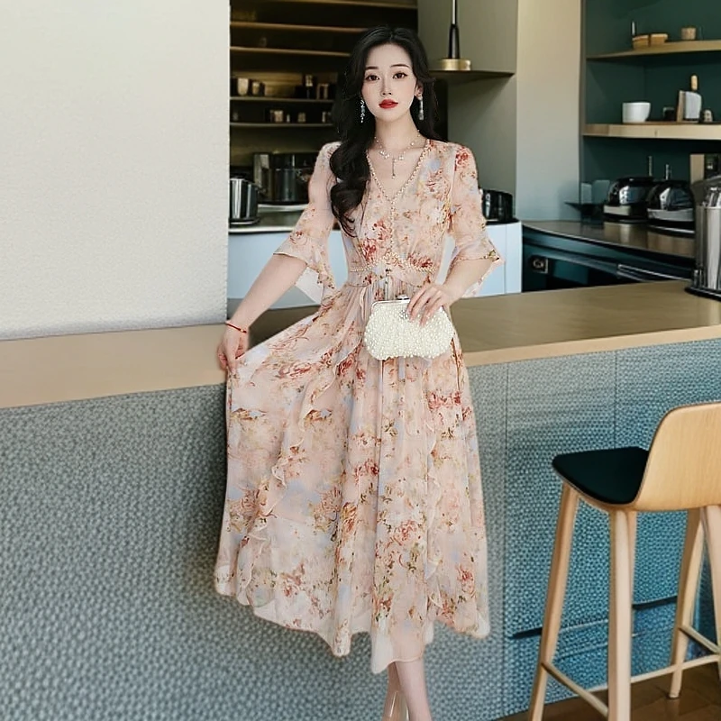 【千羽定制】淑女风碎花连衣裙2025年夏季减龄洋气荷叶边大摆裙子