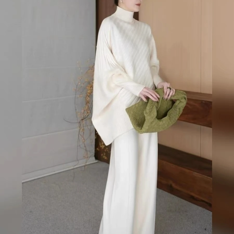 Vicky高端定制秋冬立裁设计针织套装遮肉显瘦百搭上衣+直筒裤