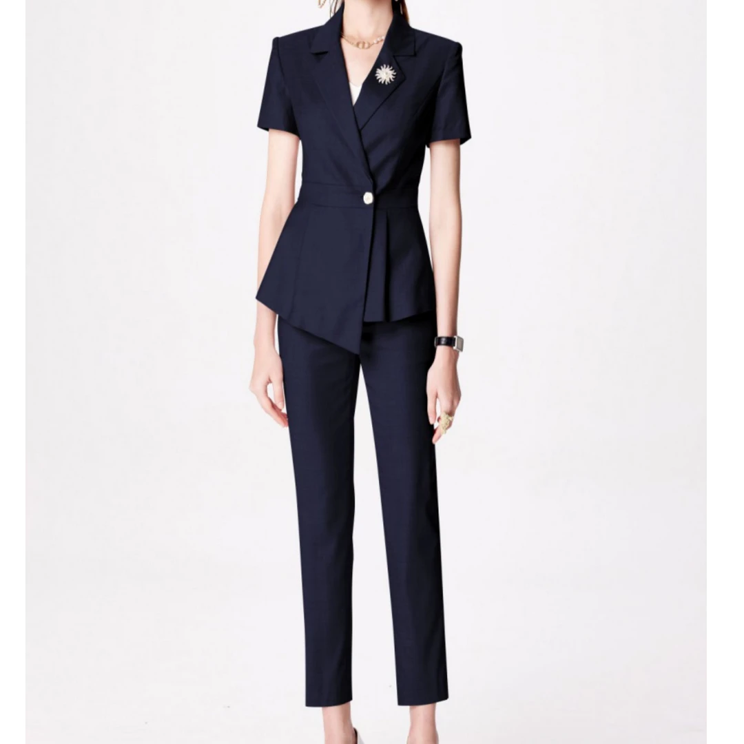 X21110短袖职业女裤套装时尚修身藏青色正装小西装女士女神范R