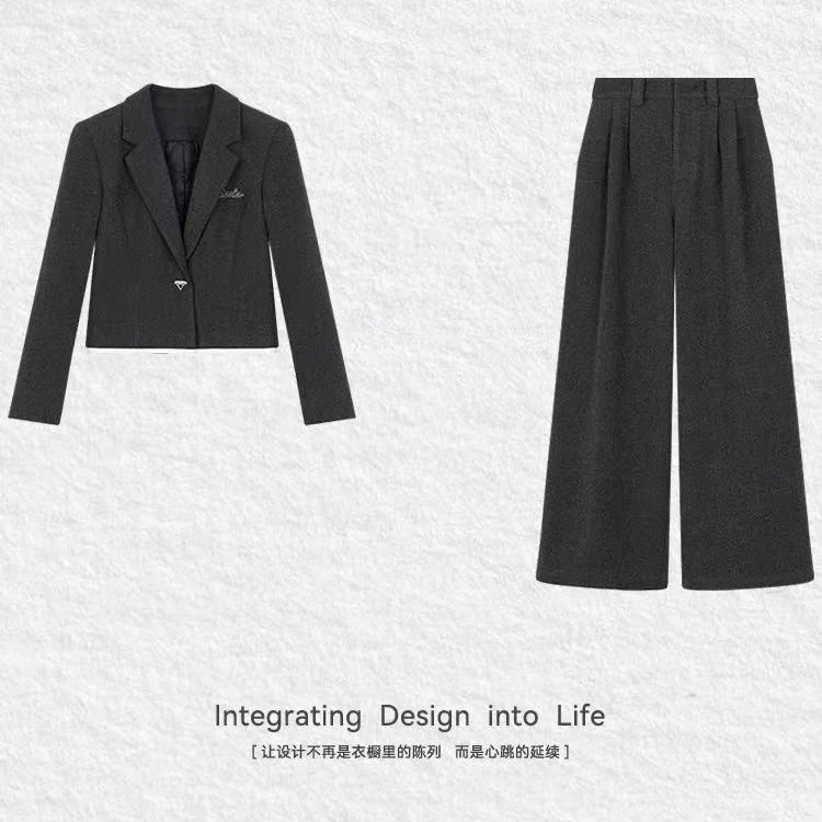 【两件套】2025秋季新款假两件百搭翻领西装外套裤子套装女S610308