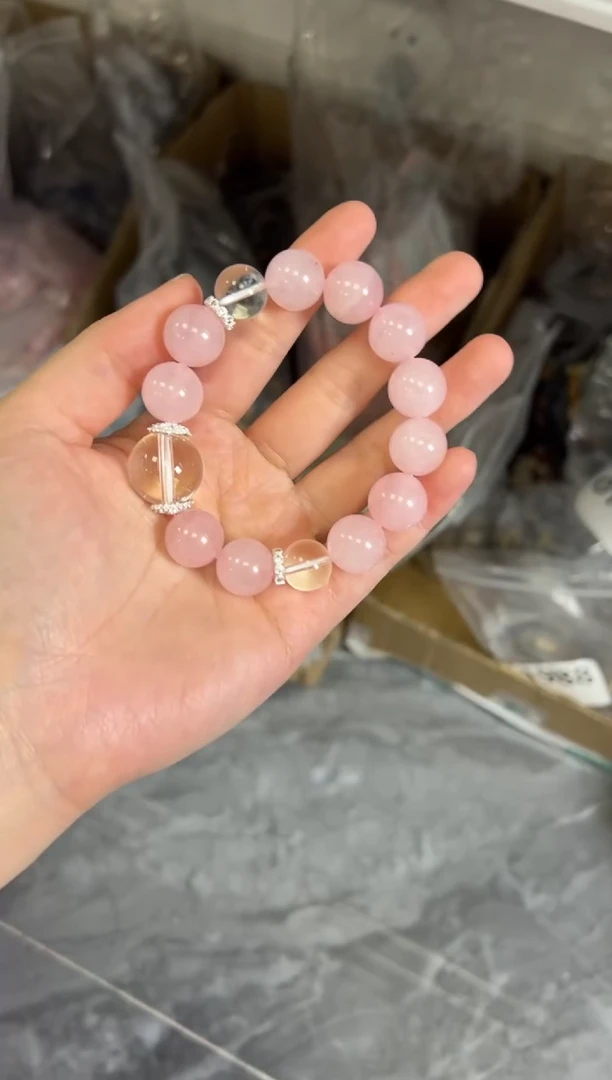 水晶手链未镶嵌马粉粉水晶大珠白水晶手串[0794]