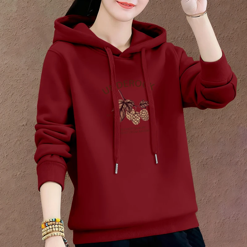 休闲印花长袖上衣秋冬女士连帽新款时尚洋气宽松百搭加绒加厚卫衣
