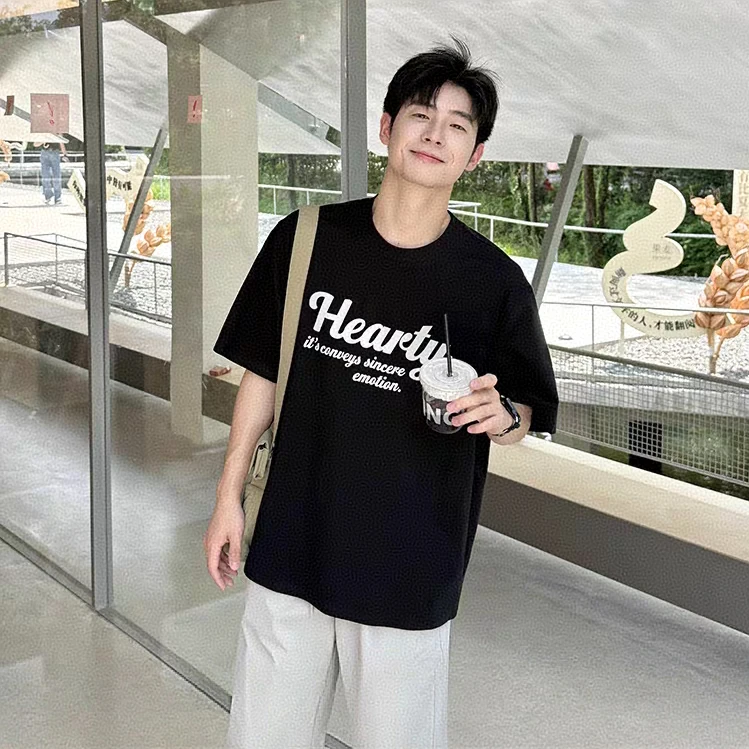 重磅纯棉休闲黑色t恤新款短袖夏季半袖圆领男款上衣男生男士宽松