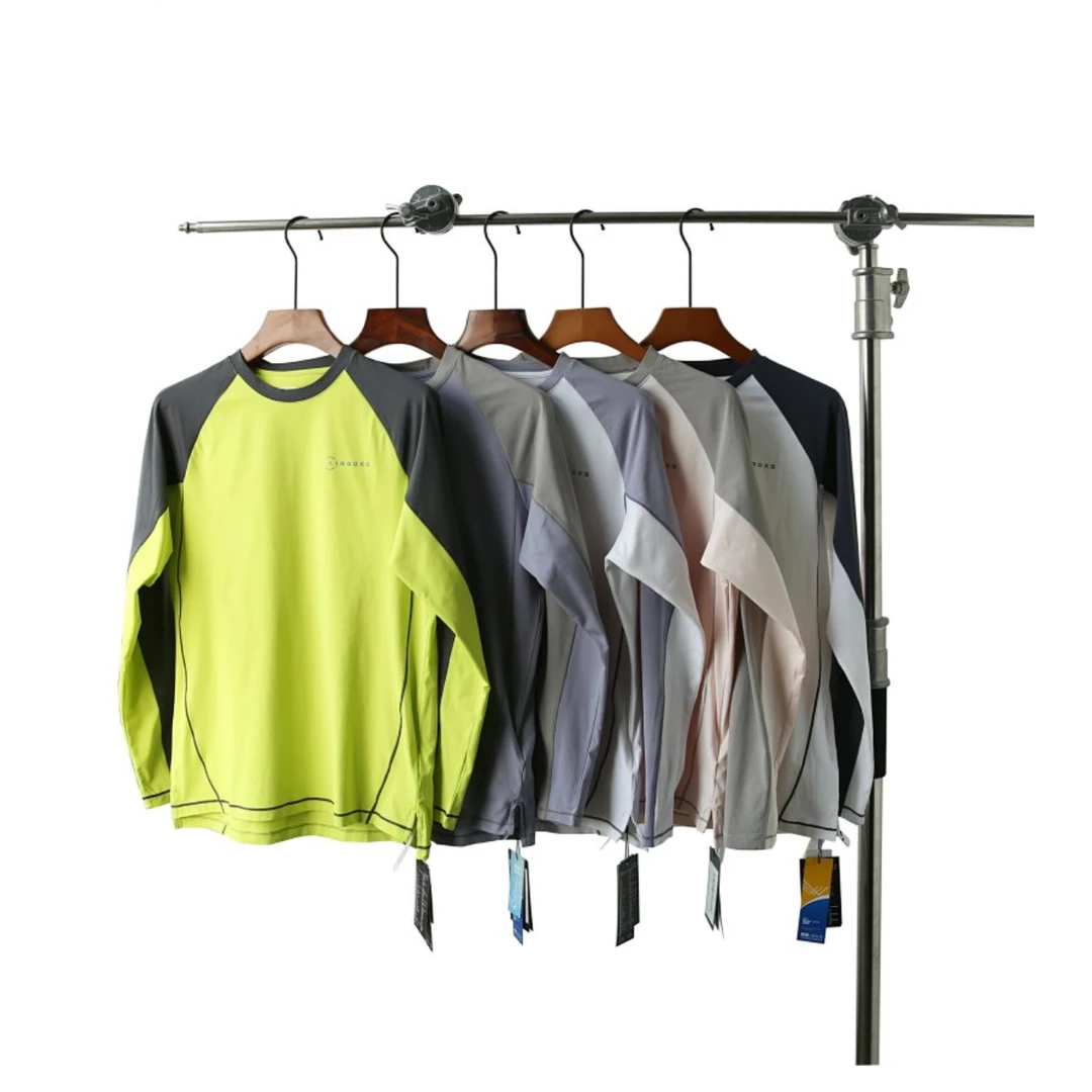 防晒速干透气美式拼接长袖T恤设计感速干防晒休闲上衣T2502