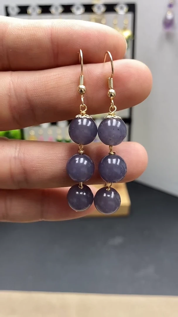 【闪购商品】和田玉耳饰银S925镀金镶嵌尺寸10mm烟紫连珠