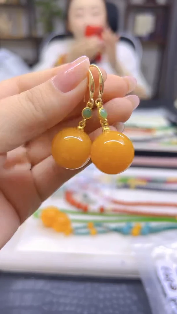 蜜蜡14K金镶嵌耳饰DIY款E893