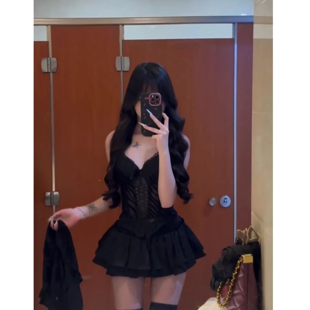 辣妹风斑马纹收腰显瘦鱼骨胸衣吊带上衣百搭黑色蓬蓬裙两件套装