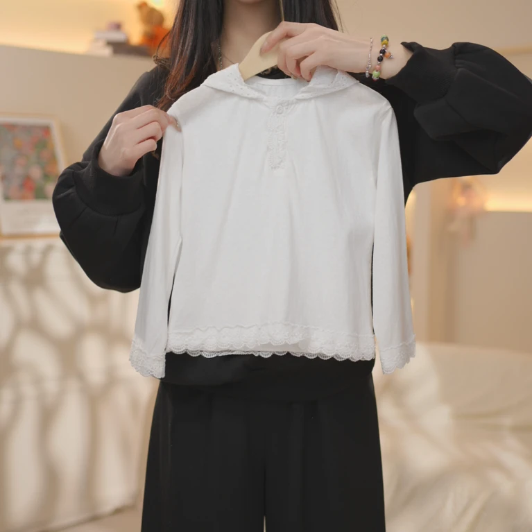 2024春季新款女童长袖中大童花边洋气外穿长袖休闲百搭