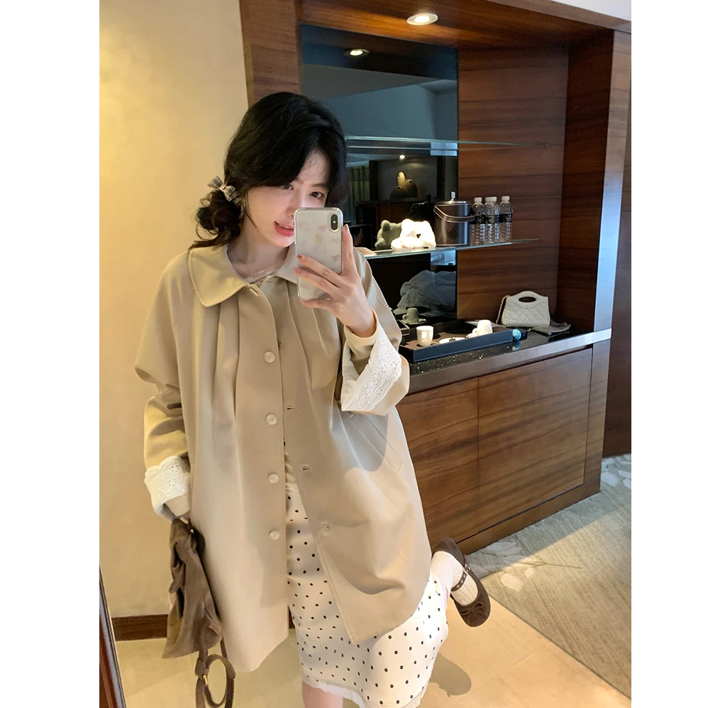 长岛恋人 袖口花边拼接中长款风衣外套女秋韩系气质翻领大衣