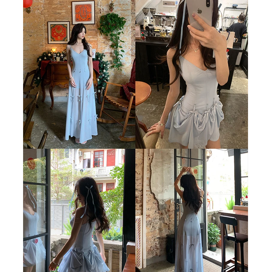 6-8运补FuunJ 多重甜妮收腰显瘦中长吊带连衣裙重工蝴蝶结女短裙