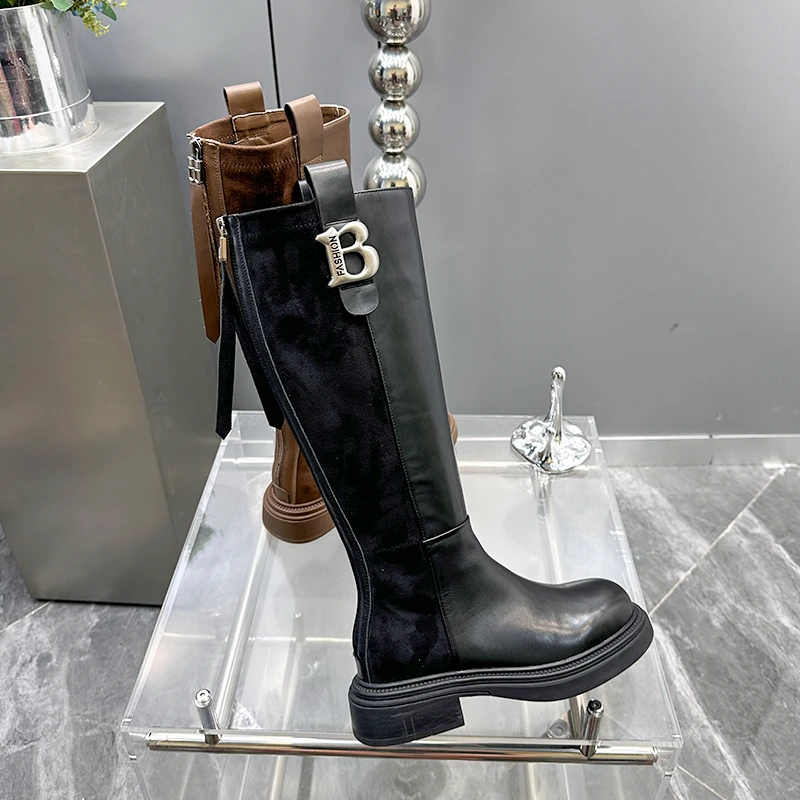 【现货】2024秋季新款真皮复古长靴子女鞋显瘦不过膝骑士靴Q888-1