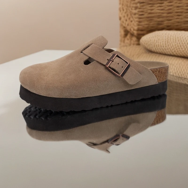 HOWNCHIC/4.5cm厚底勃肯鞋A+牛皮透气软橡木增高懒人春夏外穿拖鞋