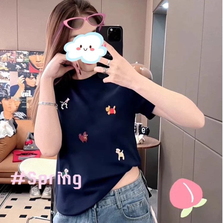 设计感小狗刺绣短袖T恤女2025夏季新款宽松显瘦圆领灰色内搭上衣