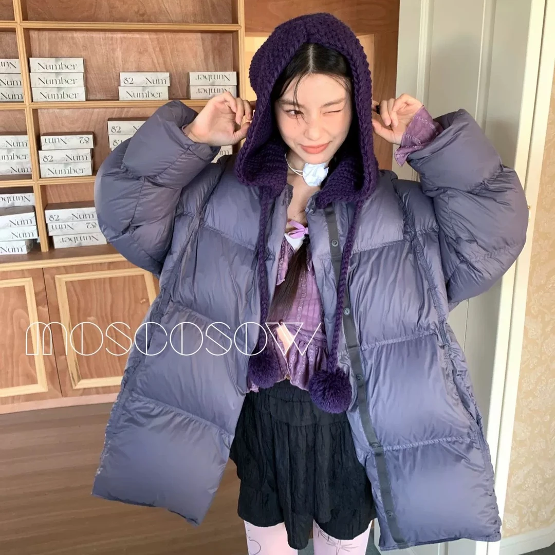 冬季新款可脱卸针织毛线帽羽绒服女中长款2024年泡芙云朵感外套