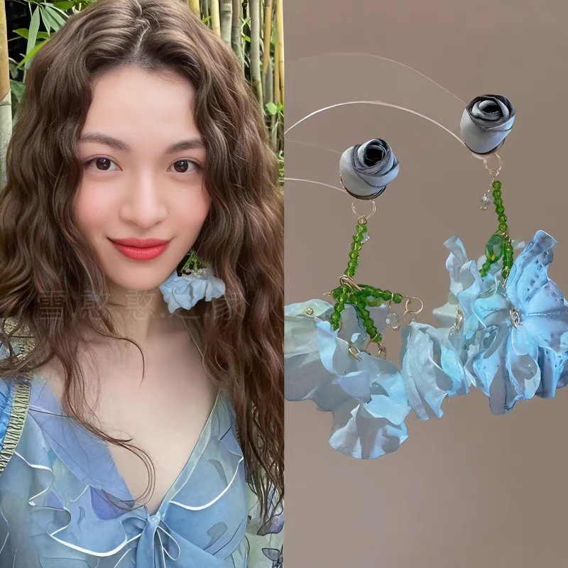 铜合金耳饰 蓝色布艺花朵耳饰耳钉耳夹耳坠耳环旅游度假饰品
