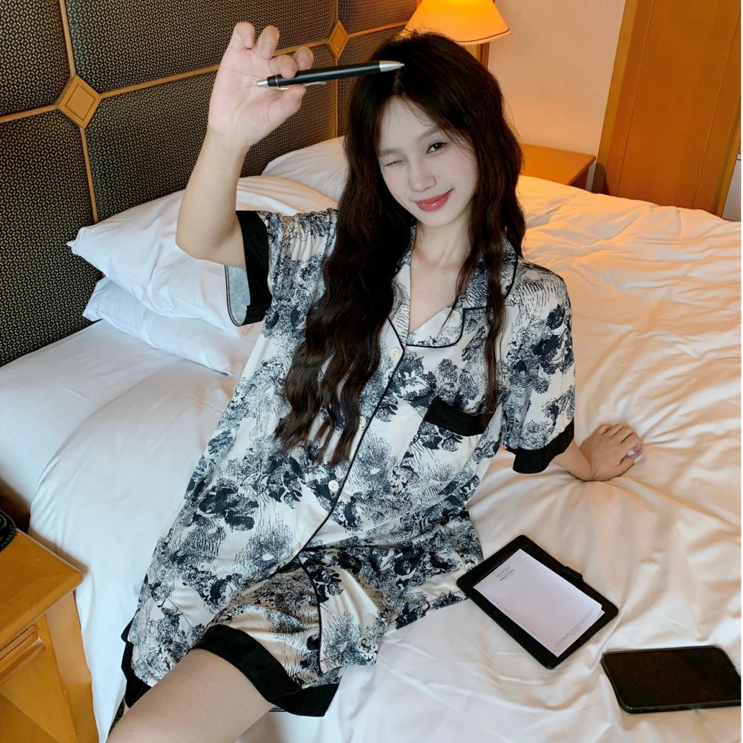 3166大码宽松夏季冰丝情侣睡衣女水墨画短袖短裤舒服家居服套装