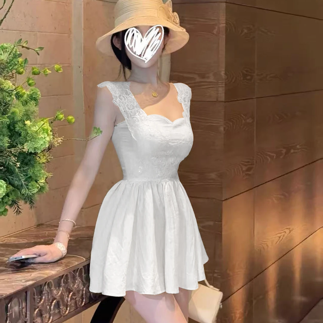 蕾丝吊带连衣裙女2025夏季法式拼接a字裙名媛风连衣裙