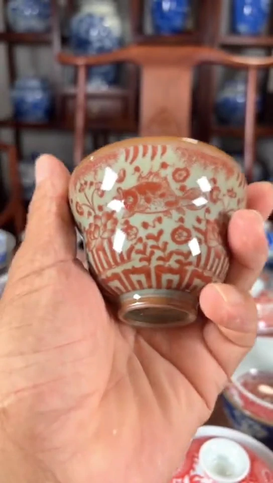 柴窑釉里红老陶泥鱼藻纹福禄杯杯