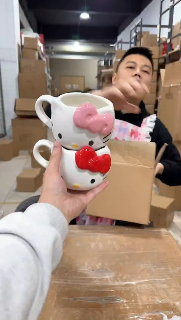 瓷片大号红色加粉色kt头杯2件套