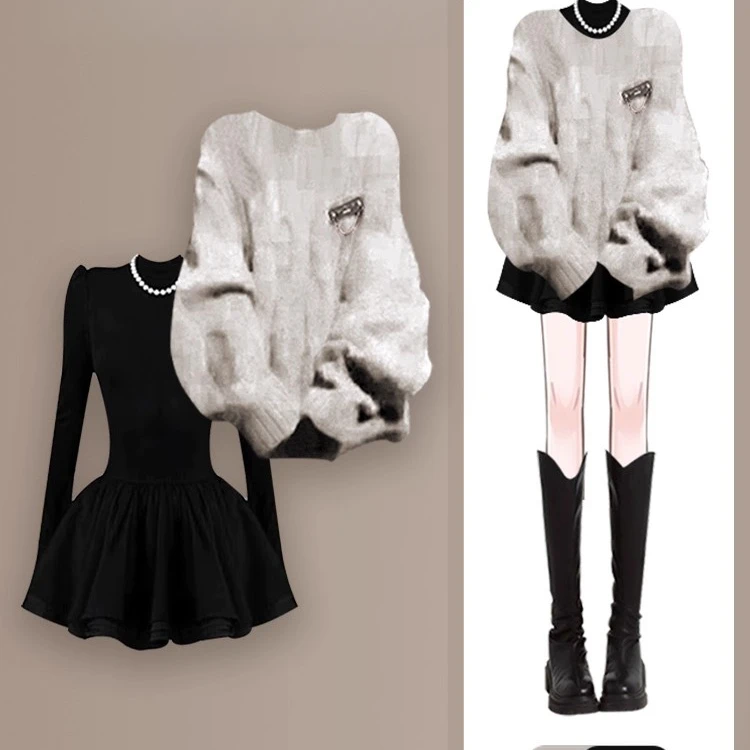 秋冬装韩系穿搭黑色洋气连衣裙子女冬天穿搭一整套高级感套装裙