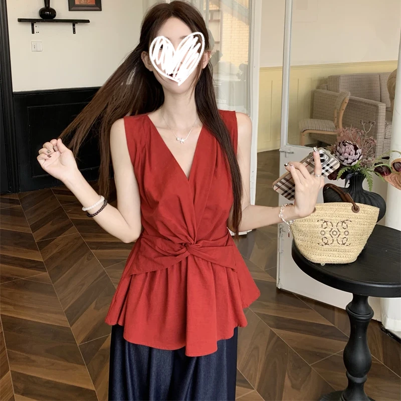 夏季新款纯欲辣妹V领扭结背心女修身显瘦法式气质无袖上衣女1218