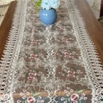 ZN040-168丝光线【40*120】白底粉梅花高织高密玻璃砂水溶边桌布