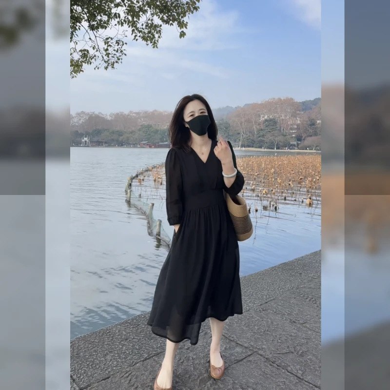 小个子连衣裙显瘦遮肚子气质时尚小黑裙黑色法式收腰008