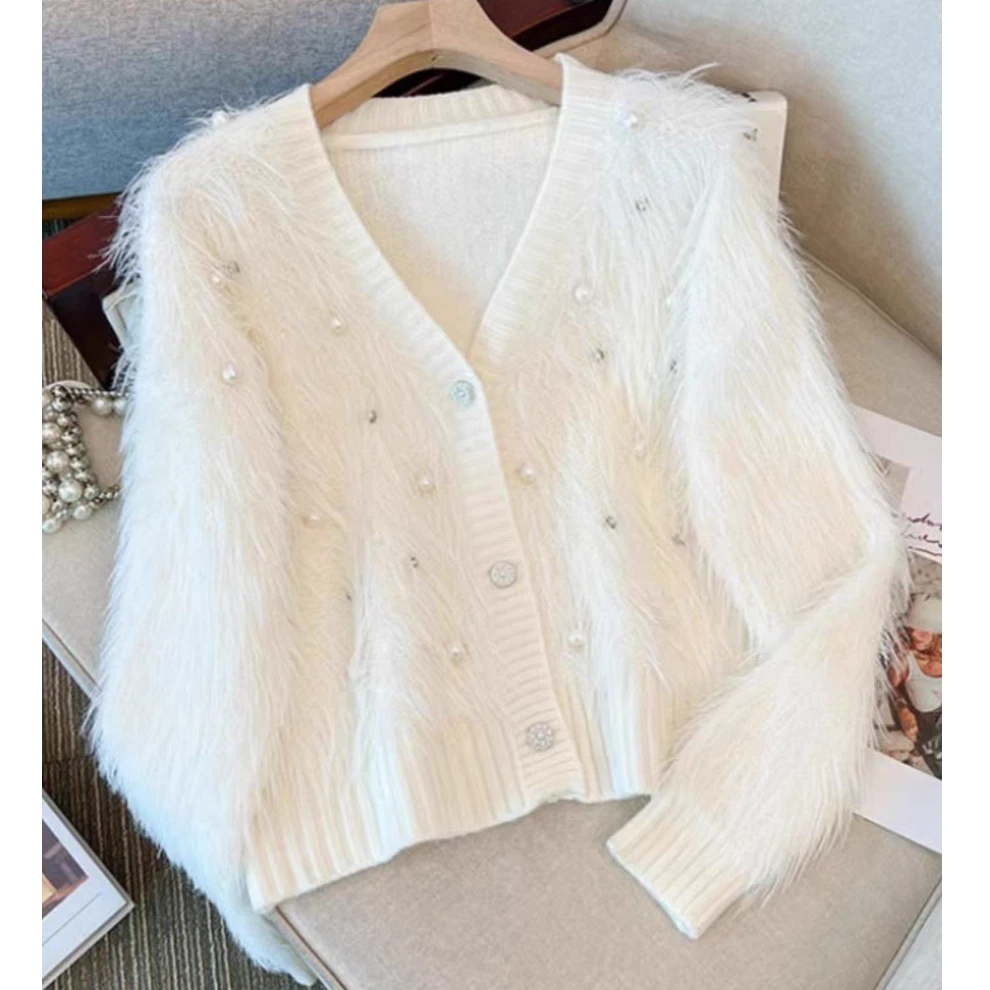 Z137秋季流苏V领毛衣短女秋冬高级感气质减龄显瘦毛针织衫