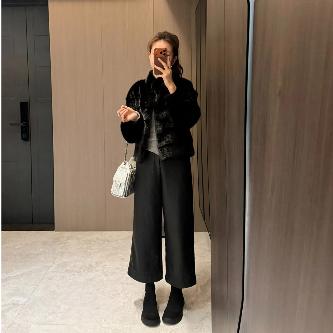 【满目星河】加绒加厚黑色PU皮裤阔腿裤女冬款2025新款直筒九分裤