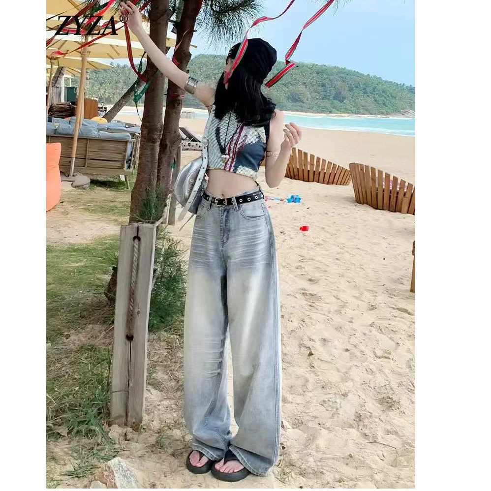 猫猫加长女裤高个子薄款磨白阔腿牛仔57050