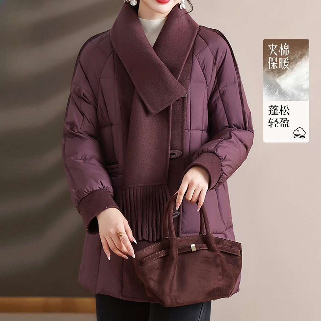 妈妈装冬季中长款棉服2025冬季新款中老年女装冬装围巾款棉袄保暖